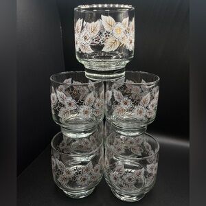 Vintage White/Gold 1950s Libbey Floral Tumblers Set of 7- Mid-Century Glassware